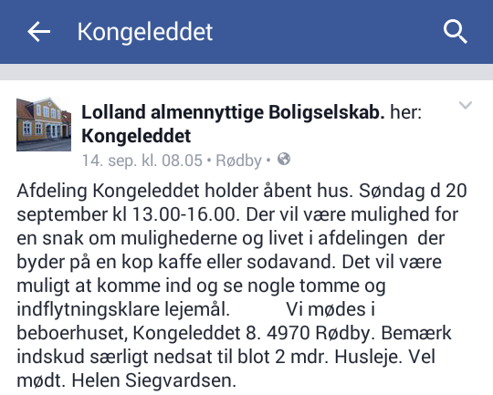 Lollands almennyttige Boligselskab bruger Facebook som et redskab til at skabe opmærksomhed på deres boligafdelinger. Her ses invitationen til åbent hus i Kongeleddet på deres Facebook-side.